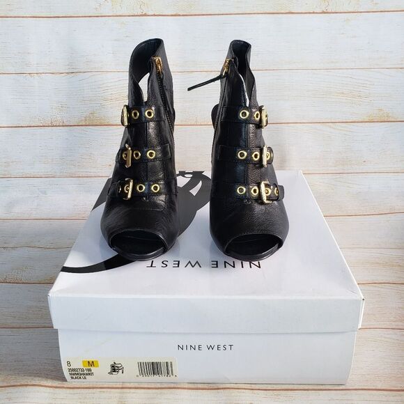 Nine West Leather Mohawkit Peep Toe Heeled Ankle Boots Booties Buckle Black 8M - Picture 3 of 16